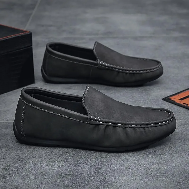 Mens Loafers Solid Color Round Toe Vegan Leather Anti-Slip Comfortable Flat Heel Fashion Slip-on