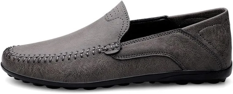Mens Loafers Solid Color Vegan Leather Manual Stitching Flexible Flat Heel Comfortable Walking Casual Slip-ons
