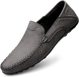 Mens Loafers Solid Color Vegan Leather Manual Stitching Flexible Flat Heel Comfortable Walking Casual Slip-ons
