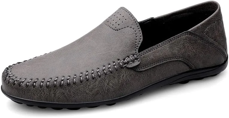 Mens Loafers Solid Color Vegan Leather Manual Stitching Flexible Flat Heel Comfortable Walking Casual Slip-ons