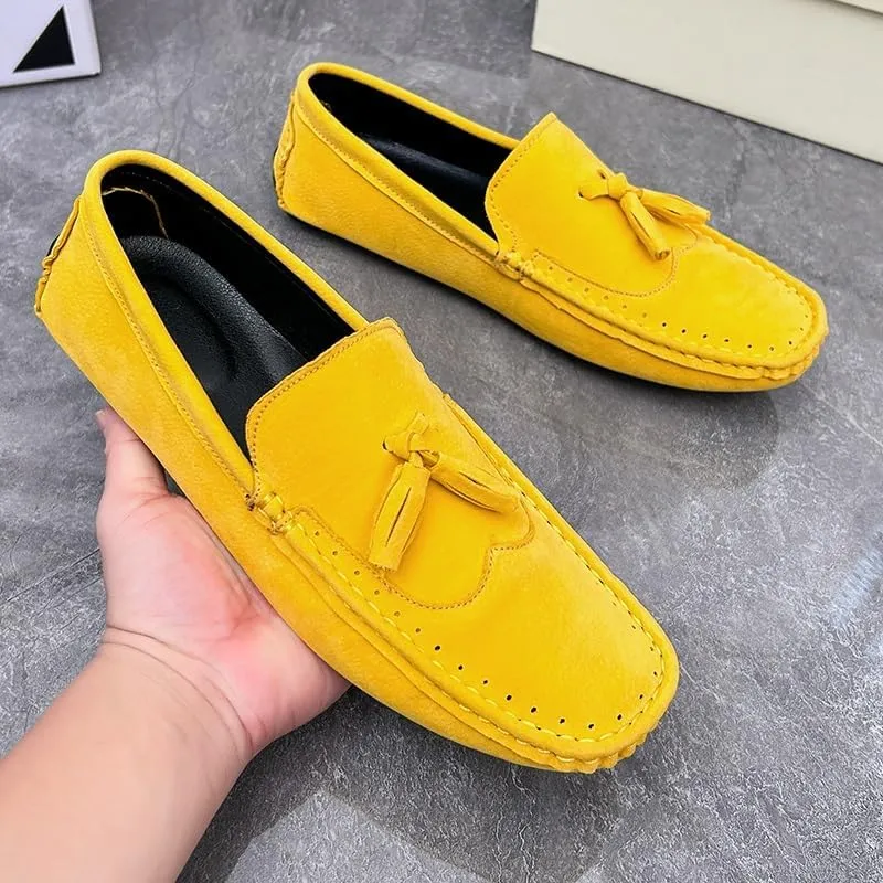 Men's Loafers Square Toe Wingtips Suede Vegan Leather with Tassel Anti-Slip Flat Heel Comfortable Classic Outdoor Slip On