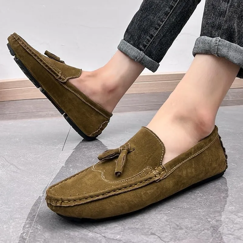 Men's Loafers Square Toe Wingtips Suede Vegan Leather with Tassel Anti-Slip Lightweight Flat Heel Outdoor Party Slip-ons