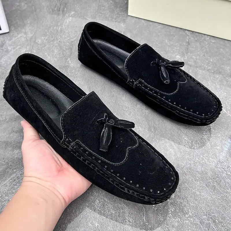 Men's Loafers Square Toe Wingtips Suede Vegan Leather with Tassel Anti-Slip Lightweight Flat Heel Outdoor Party Slip-ons