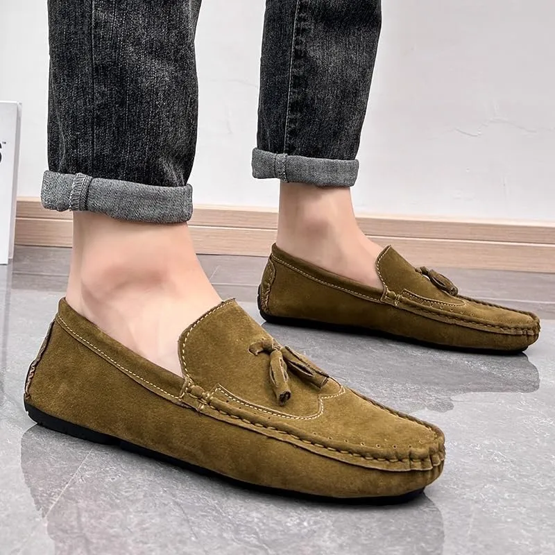 Men's Loafers Square Toe Wingtips Suede Vegan Leather with Tassel Anti-Slip Lightweight Flat Heel Outdoor Party Slip-ons