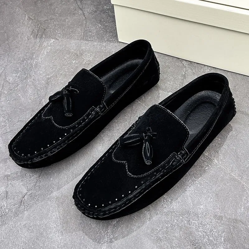 Men's Loafers Square Toe Wingtips Suede Vegan Leather with Tassel Anti-Slip Lightweight Flat Heel Outdoor Party Slip-ons