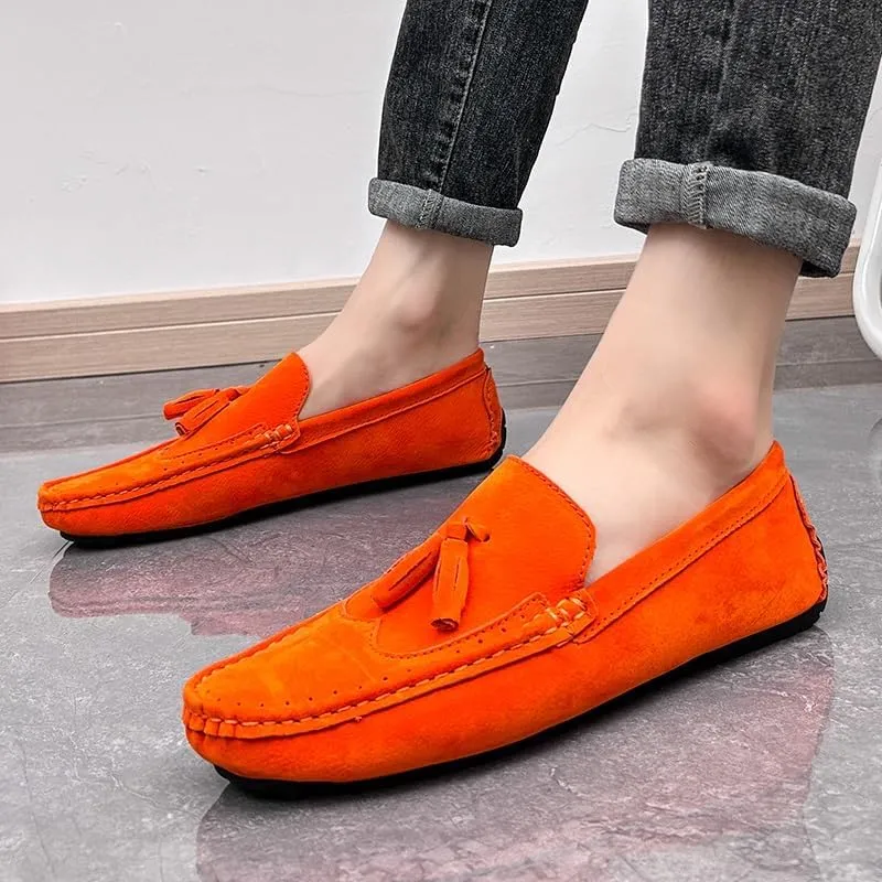 Men's Loafers Square Toe Wingtips Suede Vegan Leather with Tassel Anti-Slip Lightweight Flat Heel Outdoor Party Slip-ons