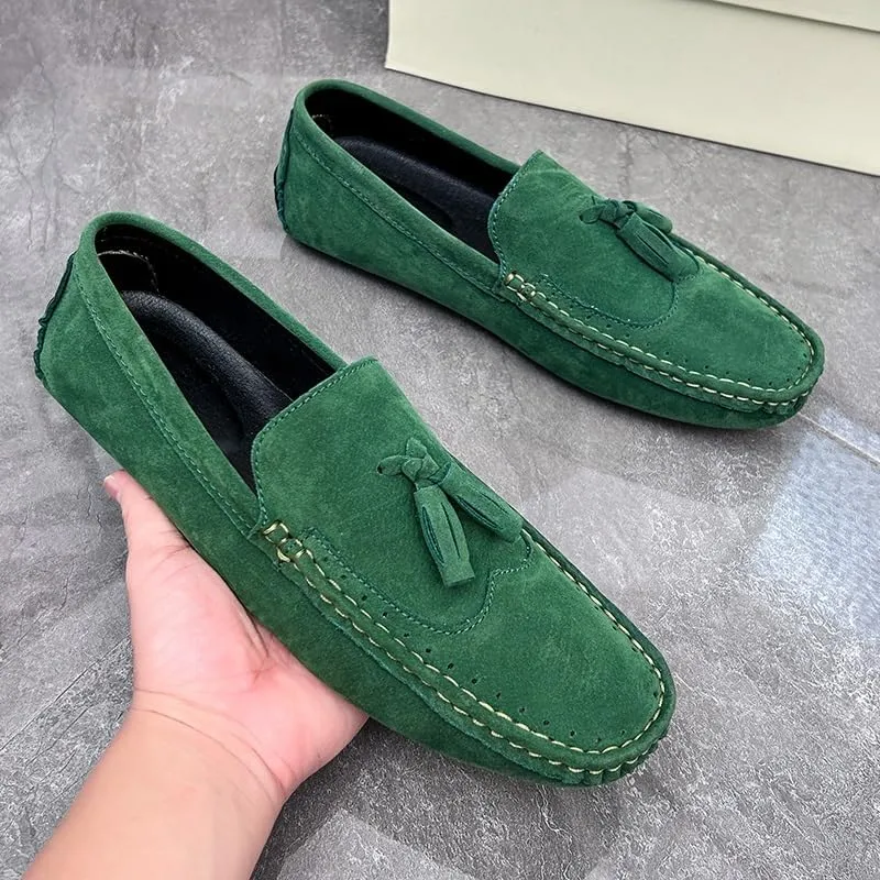 Men's Loafers Square Toe Wingtips Suede Vegan Leather with Tassel Anti-Slip Lightweight Flat Heel Outdoor Party Slip-ons