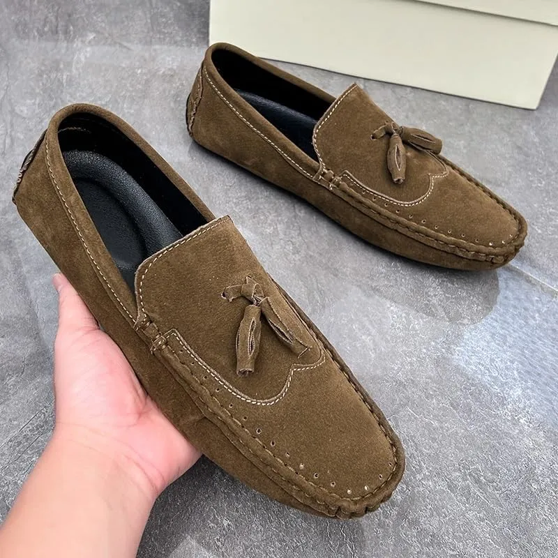 Men's Loafers Square Toe Wingtips Suede Vegan Leather with Tassel Anti-Slip Lightweight Flat Heel Outdoor Party Slip-ons