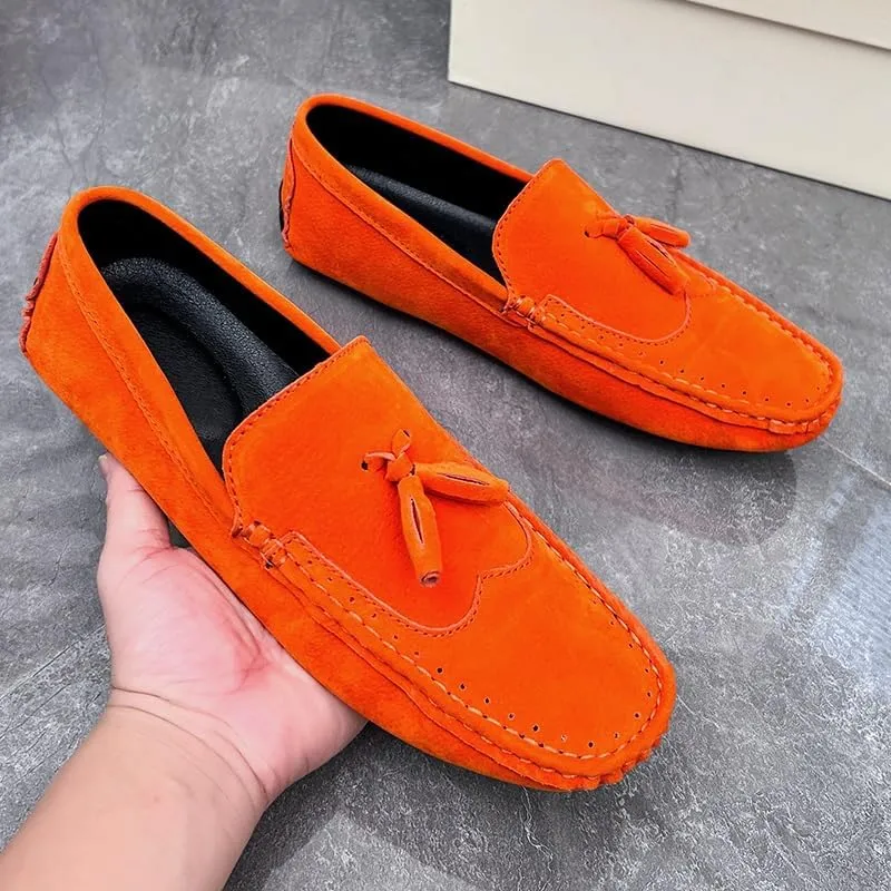 Men's Loafers Square Toe Wingtips Suede Vegan Leather with Tassel Anti-Slip Lightweight Flat Heel Outdoor Party Slip-ons