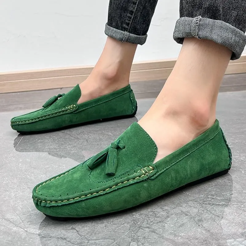 Men's Loafers Square Toe Wingtips Suede Vegan Leather with Tassel Anti-Slip Lightweight Flat Heel Outdoor Party Slip-ons