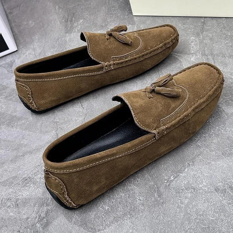 Men's Loafers Square Toe Wingtips Suede Vegan Leather with Tassel Anti-Slip Lightweight Flat Heel Outdoor Party Slip-ons