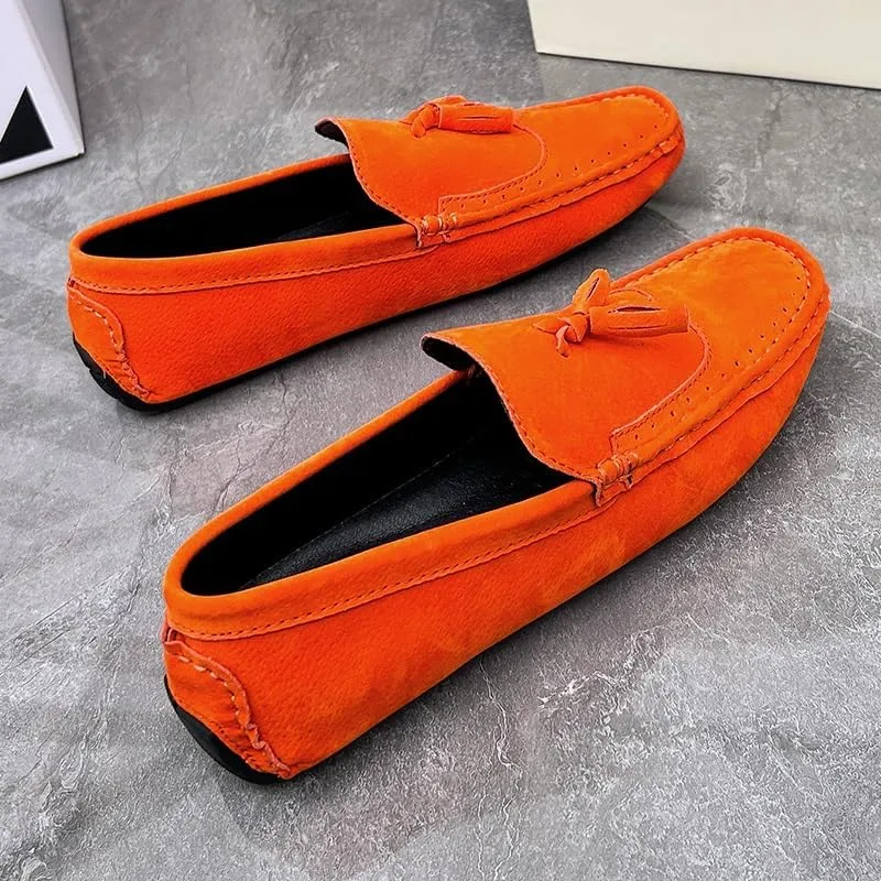 Men's Loafers Square Toe Wingtips Suede Vegan Leather with Tassel Anti-Slip Lightweight Flat Heel Outdoor Party Slip-ons