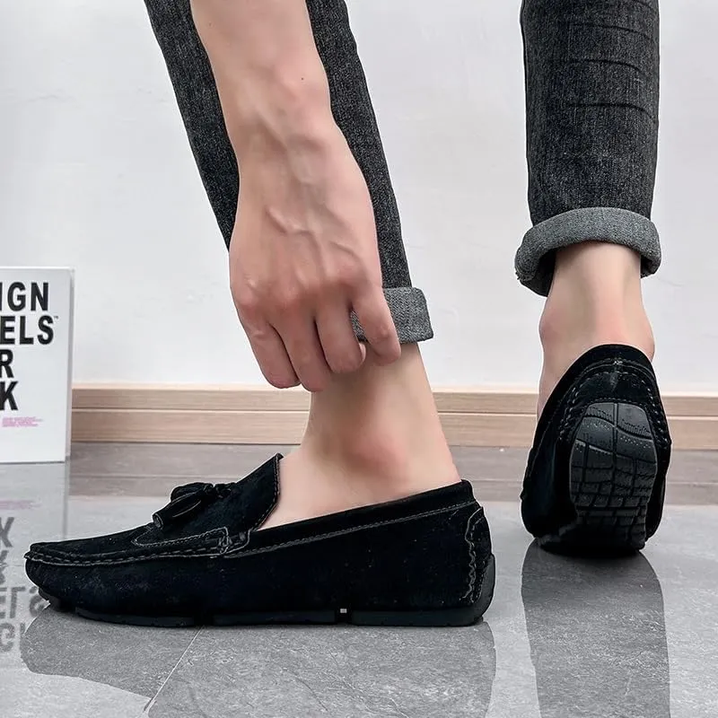 Men's Loafers Square Toe Wingtips Suede Vegan Leather with Tassel Anti-Slip Lightweight Flat Heel Outdoor Party Slip-ons