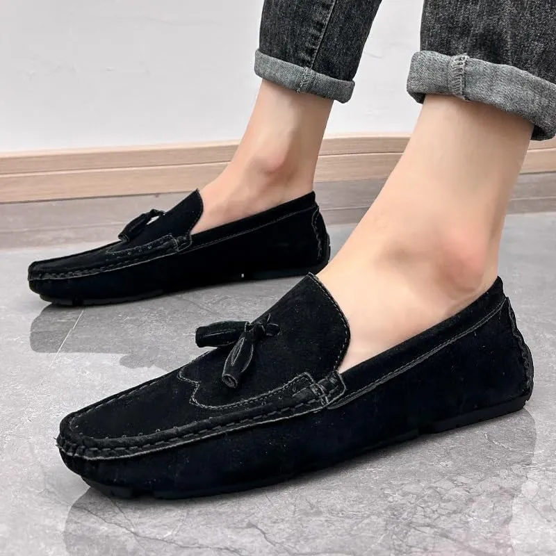 Men's Loafers Square Toe Wingtips Suede Vegan Leather with Tassel Anti-Slip Lightweight Flat Heel Outdoor Party Slip-ons