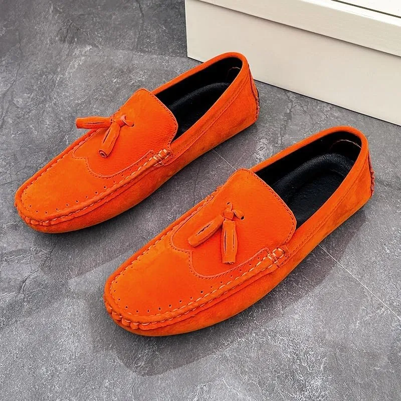 Men's Loafers Square Toe Wingtips Suede Vegan Leather with Tassel Anti-Slip Lightweight Flat Heel Outdoor Party Slip-ons