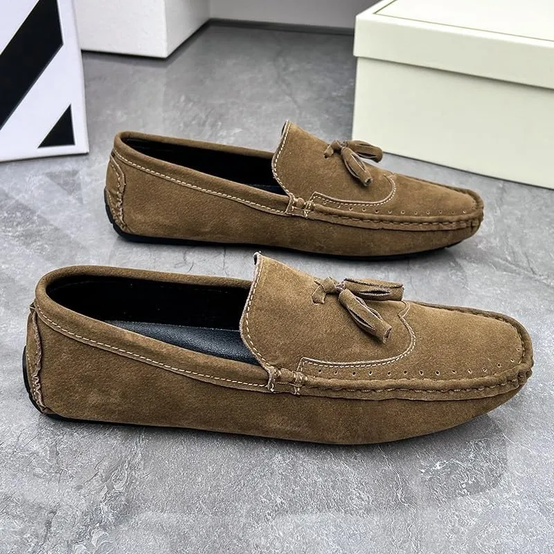 Men's Loafers Square Toe Wingtips Suede Vegan Leather with Tassel Anti-Slip Lightweight Flat Heel Outdoor Party Slip-ons