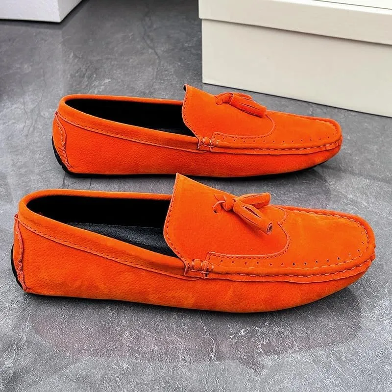 Men's Loafers Square Toe Wingtips Suede Vegan Leather with Tassel Anti-Slip Lightweight Flat Heel Outdoor Party Slip-ons