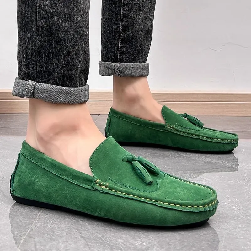 Men's Loafers Square Toe Wingtips Suede Vegan Leather with Tassel Anti-Slip Lightweight Flat Heel Outdoor Party Slip-ons