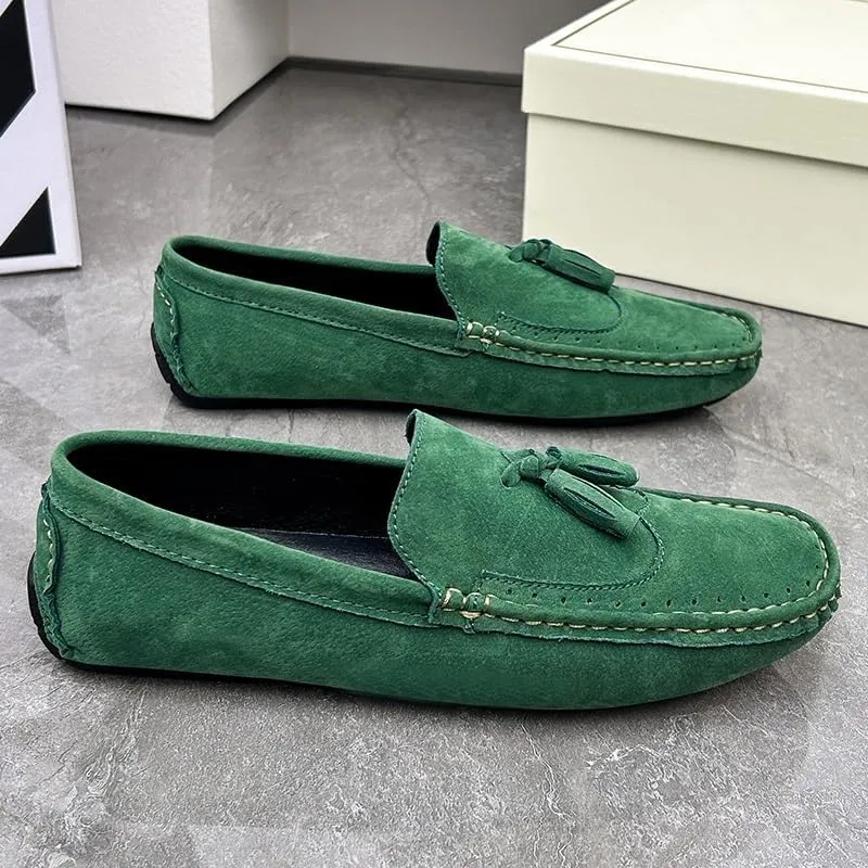 Men's Loafers Square Toe Wingtips Suede Vegan Leather with Tassel Anti-Slip Lightweight Flat Heel Outdoor Party Slip-ons