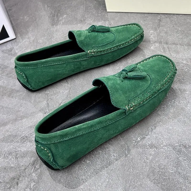 Men's Loafers Square Toe Wingtips Suede Vegan Leather with Tassel Anti-Slip Lightweight Flat Heel Outdoor Party Slip-ons
