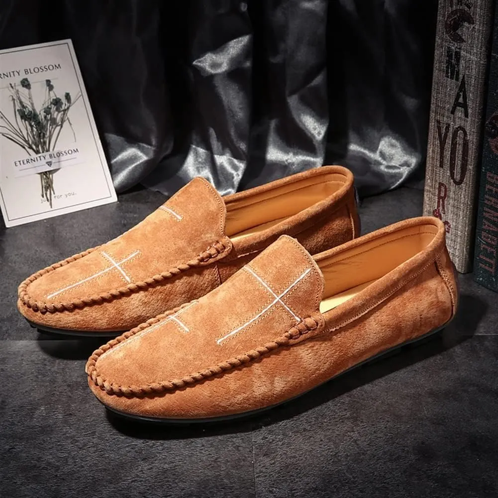 Mens Loafers Stitching Details Suede Vamp Rubber Sole Vegan Leather Flat Heel Lightweight Flexible Wedding Slip-ons