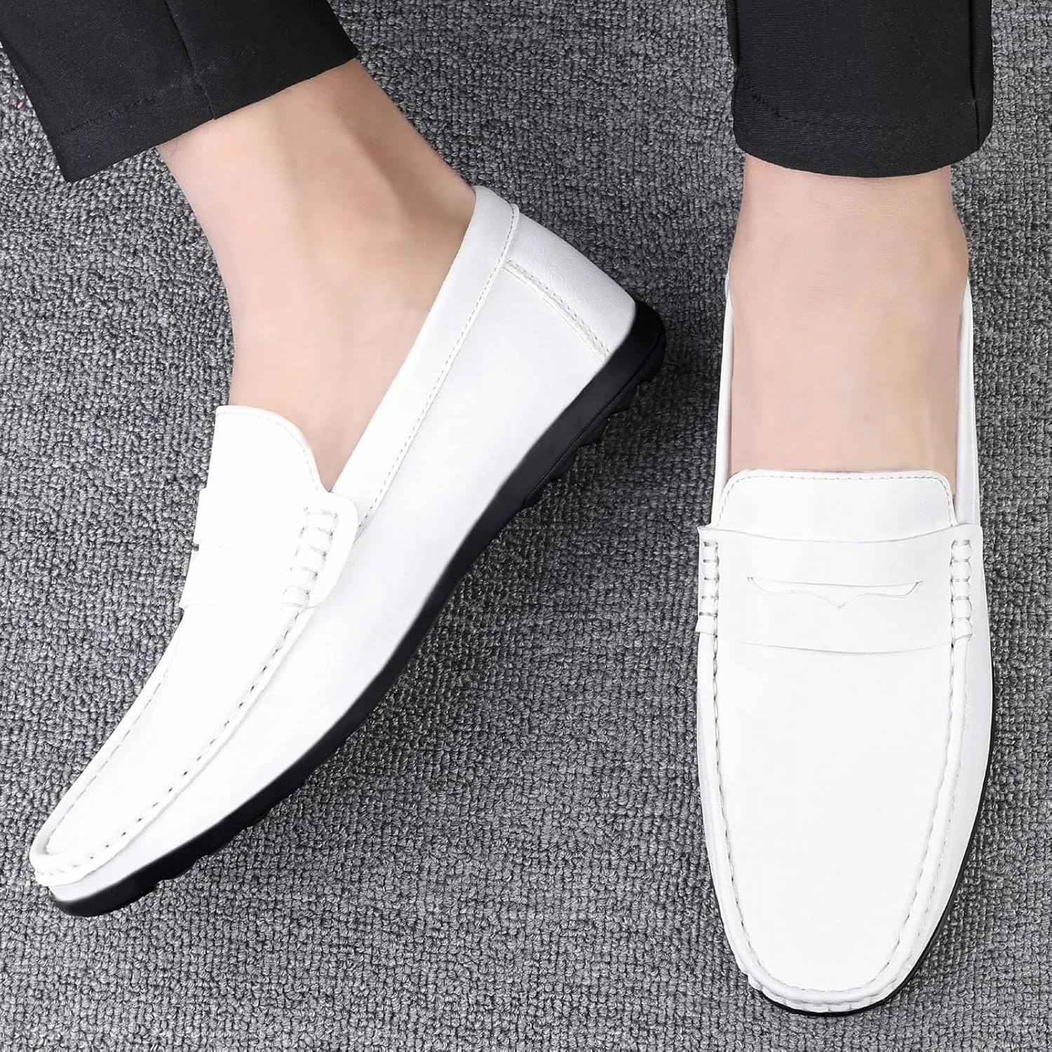 Men's Vegan Leather Loafers - Round Toe, Comfortable Flat Heel, Lightweight Classic Slip-On Shoes