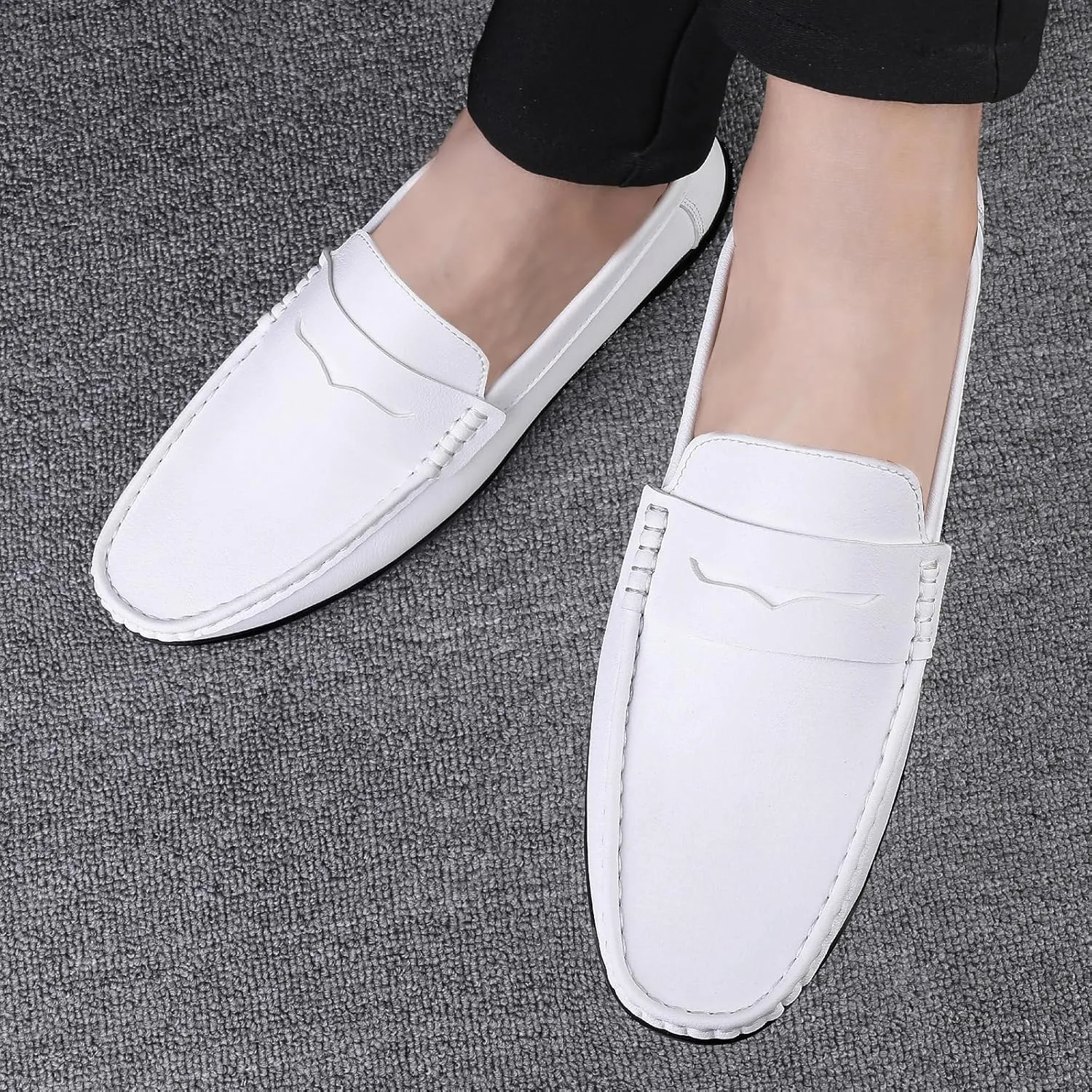 Men's Vegan Leather Loafers - Round Toe, Comfortable Flat Heel, Lightweight Classic Slip-On Shoes