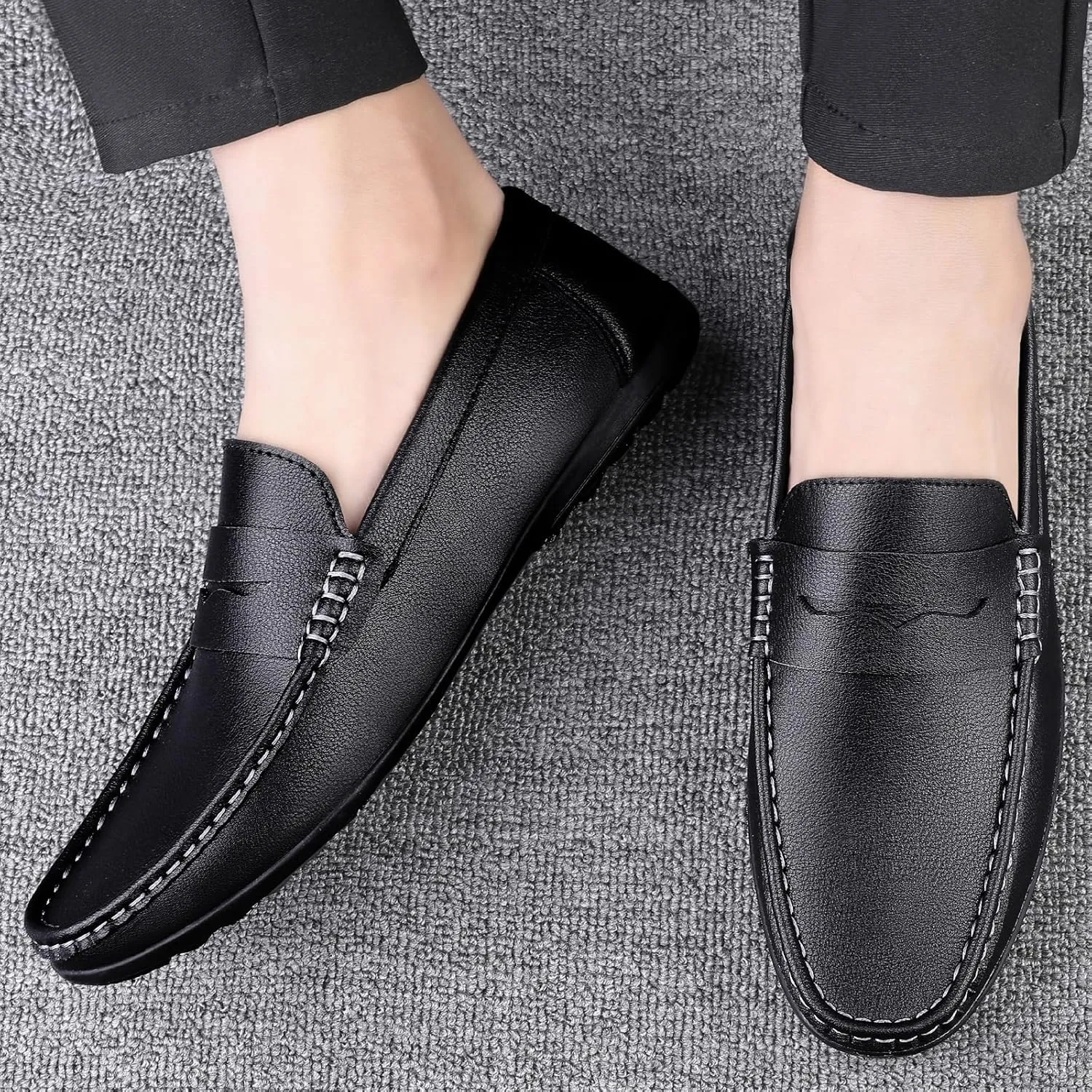 Men's Vegan Leather Loafers - Round Toe, Comfortable Flat Heel, Lightweight Classic Slip-On Shoes