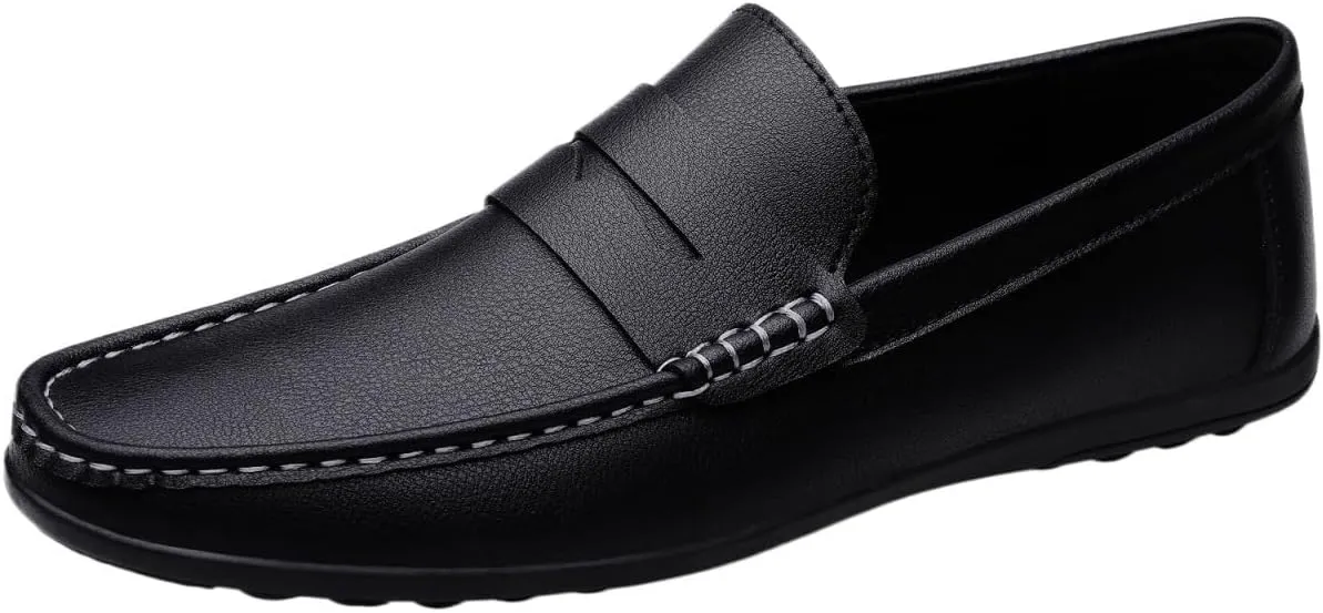 Men's Vegan Leather Loafers - Round Toe, Comfortable Flat Heel, Lightweight Classic Slip-On Shoes