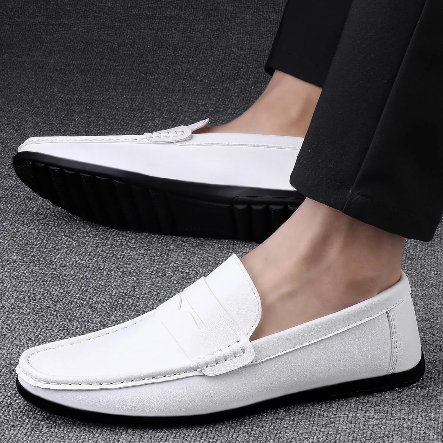 Men's Vegan Leather Loafers - Round Toe, Comfortable Flat Heel, Lightweight Classic Slip-On Shoes