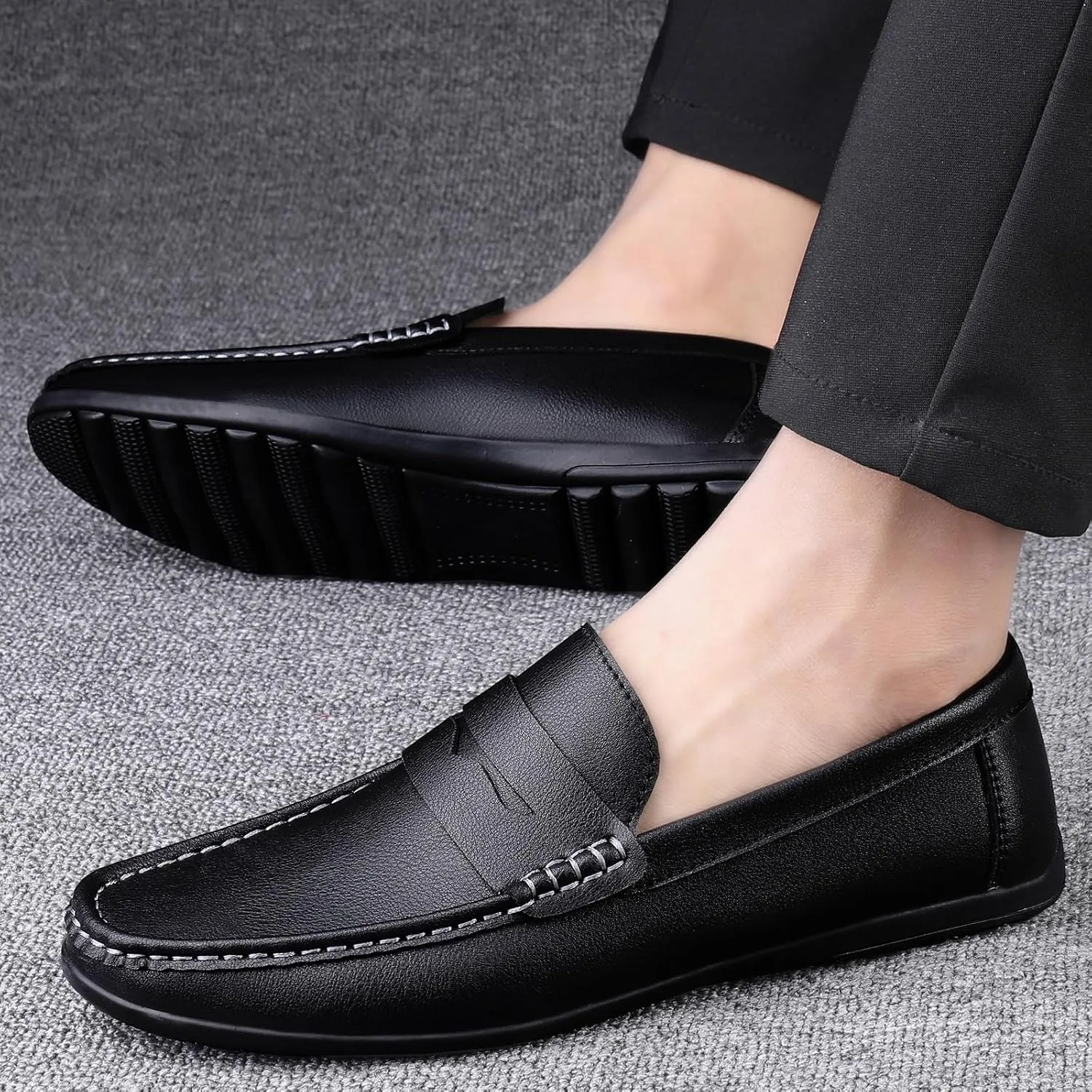 Men's Vegan Leather Loafers - Round Toe, Comfortable Flat Heel, Lightweight Classic Slip-On Shoes