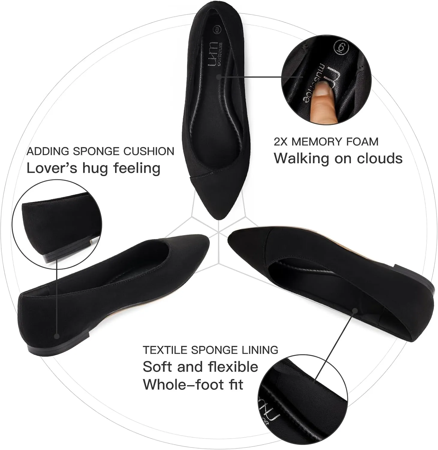 MUSSHOE Womens Ballet Flat Shoes Comfortable Pointed Toe Slip on Black Shoes for Woman Classic Soft Shoes