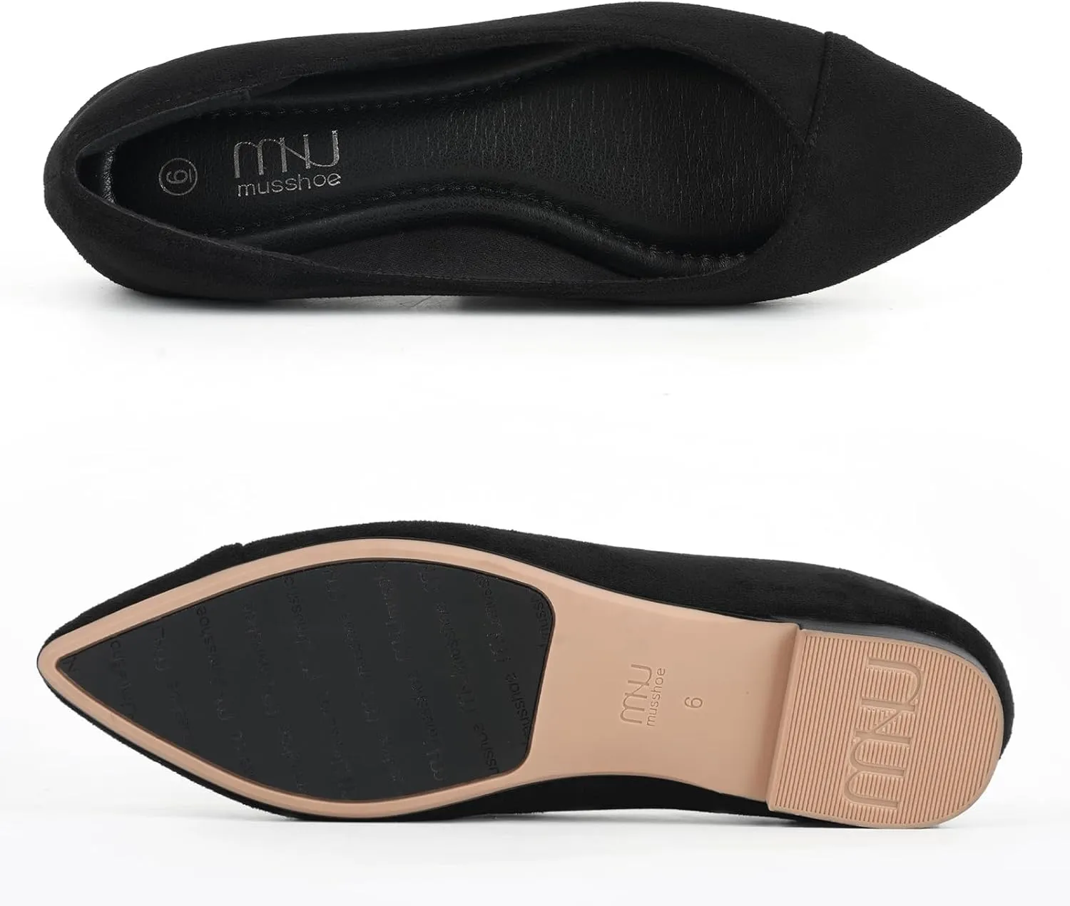 MUSSHOE Womens Ballet Flat Shoes Comfortable Pointed Toe Slip on Black Shoes for Woman Classic Soft Shoes