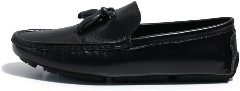 New Loafers for Men Round Toe Vegan Leather Brogue Embossed with Tassel Driving Loafers Anti-Slip Flexible Flat Heel Party Classic Slip On