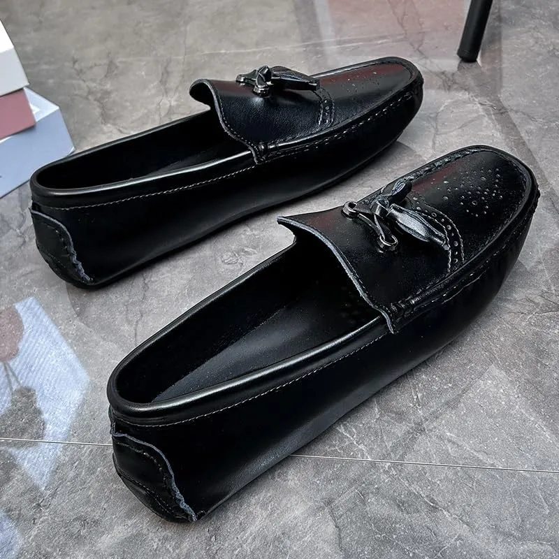 New Loafers for Men Round Toe Vegan Leather Brogue Embossed with Tassel Driving Loafers Anti-Slip Flexible Flat Heel Party Classic Slip On