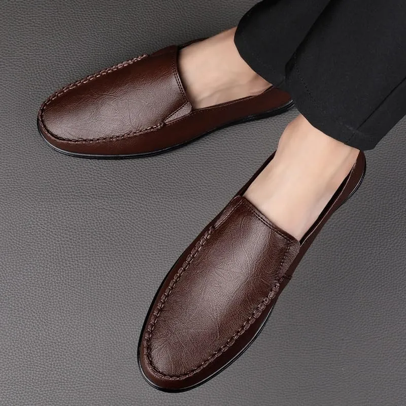 New Men's Loafers Round Toe Vegan Leather Breathable Loafer Shoes Flat Heel Lightweight Comfortable Party Wedding Slip-on