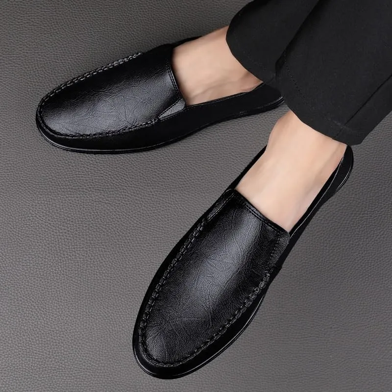 New Men's Loafers Round Toe Vegan Leather Breathable Loafer Shoes Flat Heel Lightweight Comfortable Party Wedding Slip-on