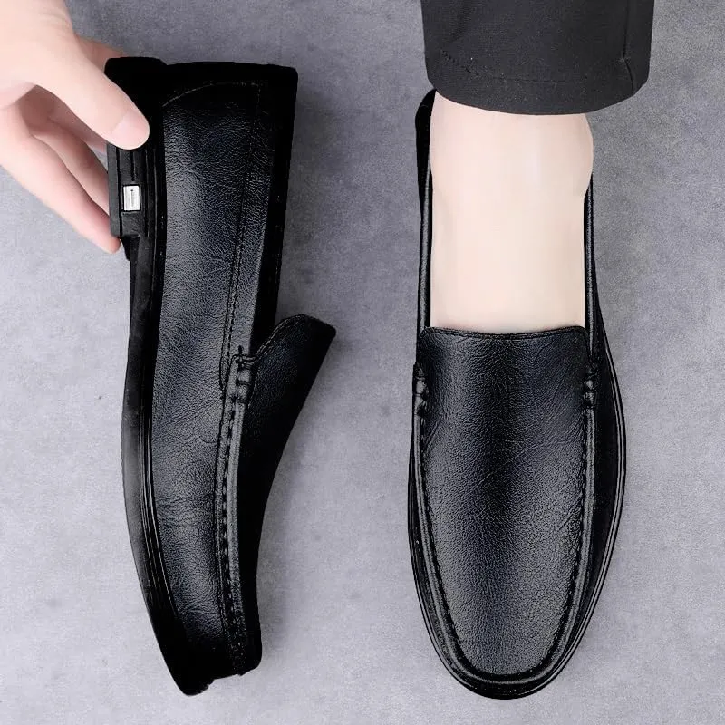 New Mens Loafers Shoe Round Toe Solid Color Vegan Leather Loafer Shoes Lightweight Flat Heel Resistant Classic Walking Slip On