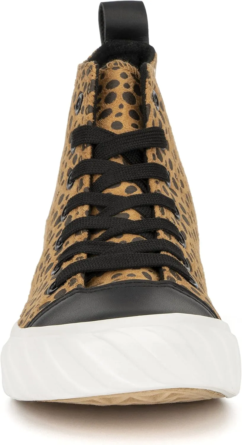 Olivia Miller Women's Fashion Shoes, Leopard Print Rubber Sole Lace Up Slip On Round Toe Casual Classic Comfortable High Top Flat Fashion Sneakers