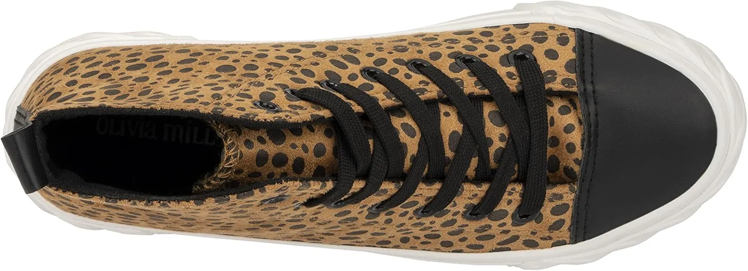 Olivia Miller Women's Fashion Shoes, Leopard Print Rubber Sole Lace Up Slip On Round Toe Casual Classic Comfortable High Top Flat Fashion Sneakers
