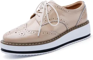 Oxfords Women's Vintage Low Chunky Heel Vegan Leather Platform Fashion Lace Up Perforated Stacked Pumps Flats Dress Shoes