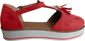 Platform Walking Shoes for Women Ladies Fashion Casual Tassel T-Straps Closed Round Toe Chunky Bottom Heeled Slip On Loafers Ballet Flats Thick Soles High Heels Travel,Red,US8/EU40