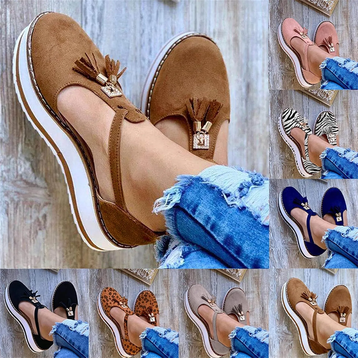 Platform Walking Shoes for Women Ladies Fashion Casual Tassel T-Straps Closed Round Toe Chunky Bottom Heeled Slip On Loafers Ballet Flats Thick Soles High Heels Travel,Red,US8/EU40
