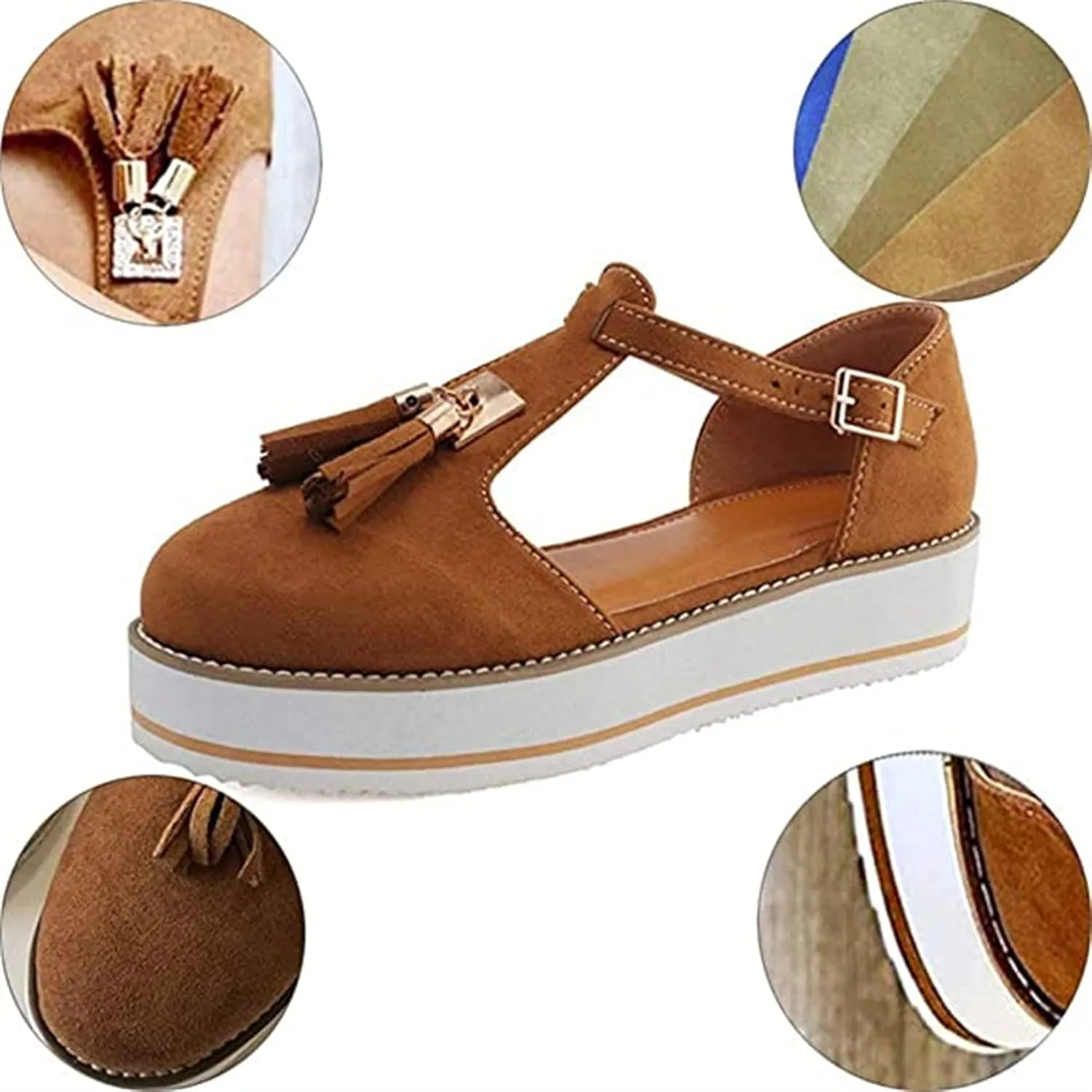 Platform Walking Shoes for Women Ladies Fashion Casual Tassel T-Straps Closed Round Toe Chunky Bottom Heeled Slip On Loafers Ballet Flats Thick Soles High Heels Travel,Red,US8/EU40