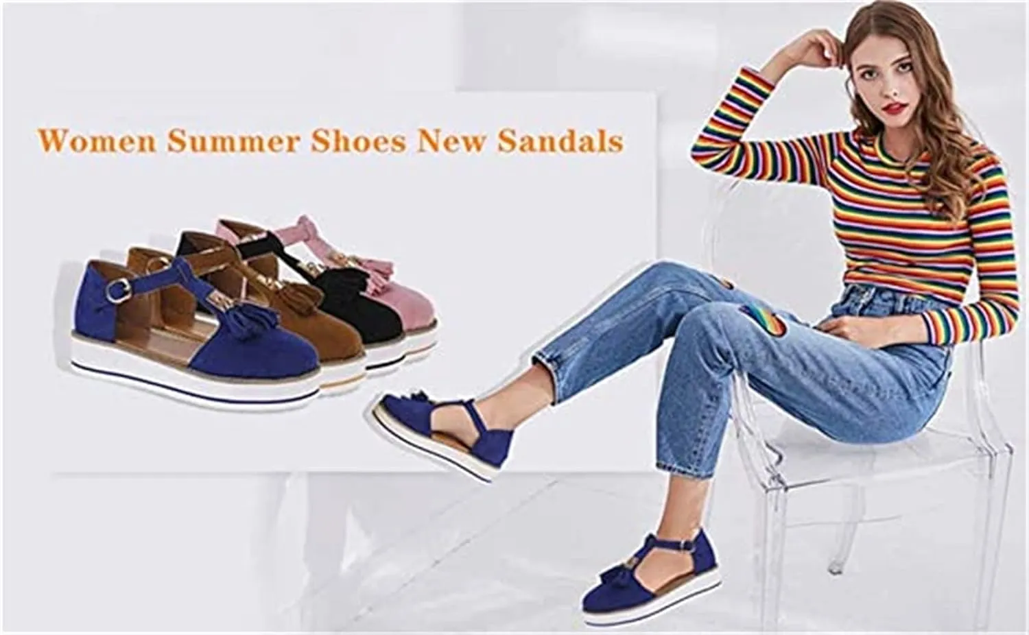 Platform Walking Shoes for Women Ladies Fashion Casual Tassel T-Straps Closed Round Toe Chunky Bottom Heeled Slip On Loafers Ballet Flats Thick Soles High Heels Travel,Red,US8/EU40