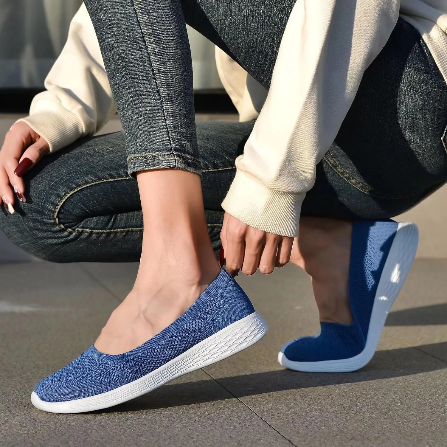 poemlady Women's Slip on Loafer Shoes - Mesh Casual Ballet Flat Nurse Walking Sneakers Round Toe Knit Casual Memory Foam Shoes