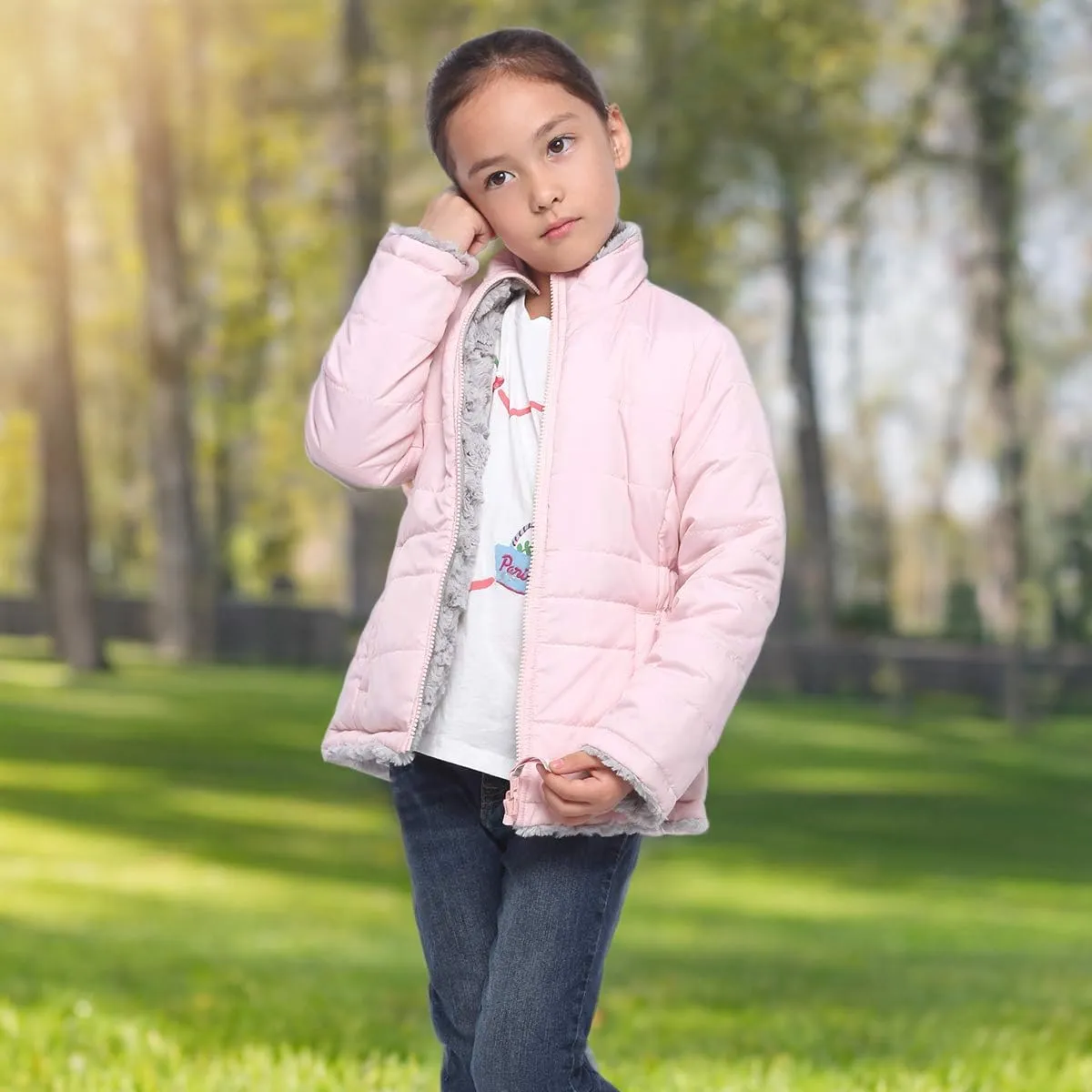 Rokka&Rolla Girls' Reversible Water-Resistant Teddy Sherpa Fleece Puffer Jacket Winter Coat