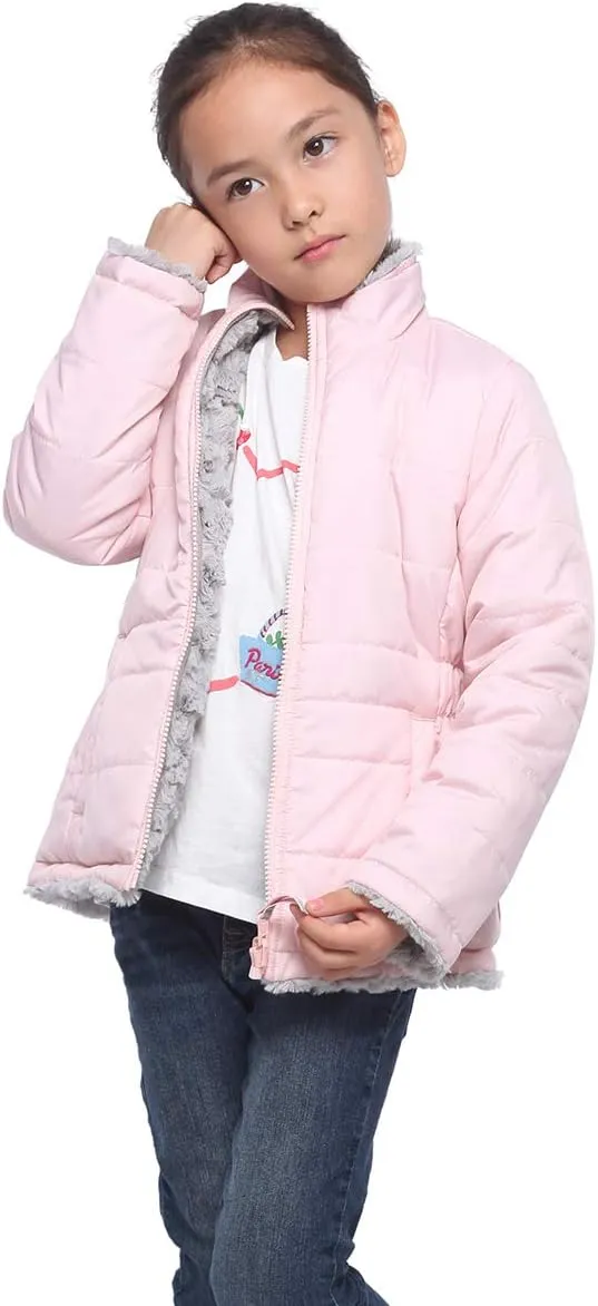 Rokka&Rolla Girls' Reversible Water-Resistant Teddy Sherpa Fleece Puffer Jacket Winter Coat