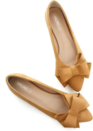 SAILING LU Bow Ballet Flats Womens Pointy Toe Flat Shoes Suede Dress Shoes Wear to Work Slip On Moccasins Khaki Size 9