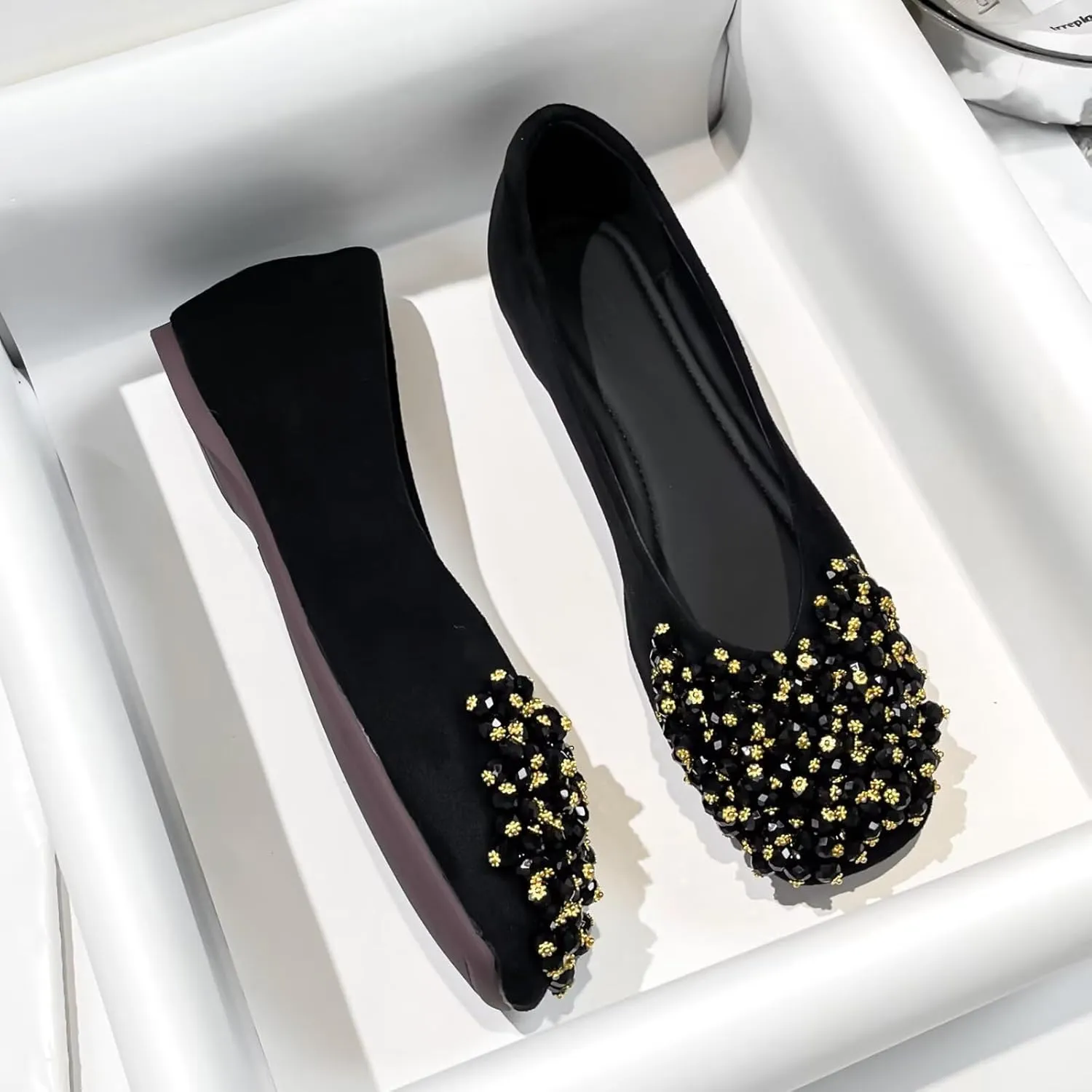 SAILING LU Womens Rhinestones Square Toe Ballet Flats Dressy Comfortable Flat Shoes Wedding Elegant Slip-Ons for Women